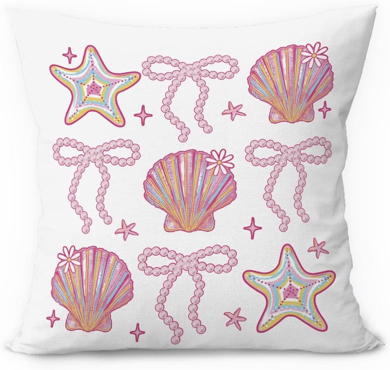 ETVISO Preppy Beach Room Decor, Coastal Glitter Seashell Bow Pillow Cover 18x18, Trendy Coquette Pearl Bow Seashells Decorative Throw Pillow Case for Girls Bedroom Home Drom Apartment - Image 1